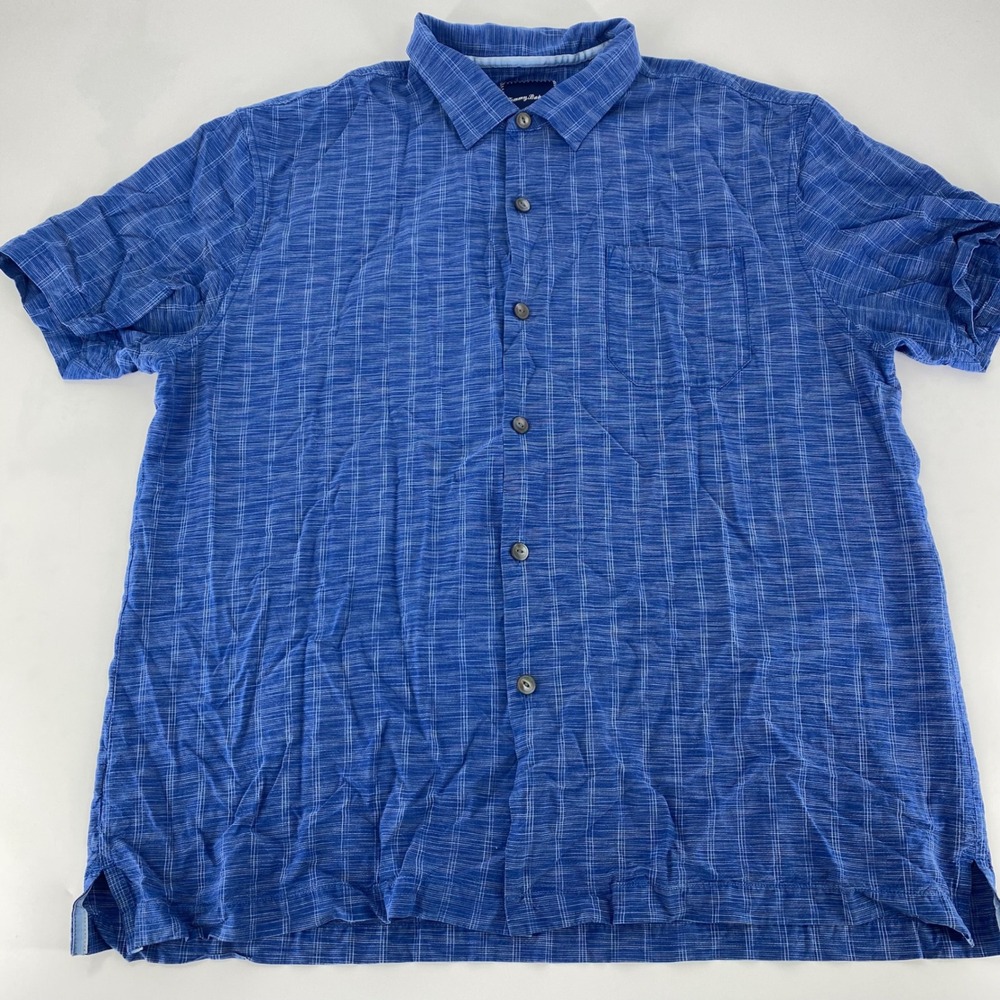 Tommy‎ Bahama Mens XXL Blue Grid Check 100% Silk Short Sleeve Button Down Shirt
